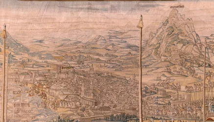 Tapiz flamenco. Serie La Conquista de Túnez; Reseña de las Tropas en Barcelona (La revista de las tropas en Barcelona). Segundo tapiz de la serie. Modelo Jan Vermeyen y Pieter Coecke van Aelst. 1543-1548. Fabricación Real Fábrica de Tapices de Sant
