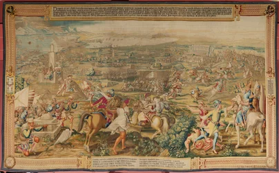 Tapiz flamenco. Serie La Conquista de Túnez. El Ataque a la Goleta (Ataque a la Goleta). Cuarto tapiz de la serie. Modelo Jan Vermeyen y Pieter Coecke van Aelst. 1543-1548. Fabricación Real Fábrica de Tapices de Santa Bárbara, Madrid