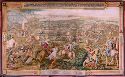 Tapiz flamenco. Serie La Conquista de Túnez. El Ataque a la Goleta (Ataque a la Goleta). Cuarto tapiz de la serie. Modelo Jan Vermeyen y Pieter Coecke van Aelst. 1543-1548. Fabricación Real Fábrica de Tapices de Santa Bárbara, Madrid