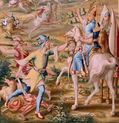 Tapiz flamenco. Serie La Conquista de Túnez. El Ataque a la Goleta (Ataque a la Goleta). Cuarto tapiz de la serie. Modelo Jan Vermeyen y Pieter Coecke van Aelst. 1543-1548. Fabricación Real Fábrica de Tapices de Santa Bárbara, Madrid