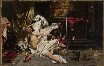 Hombre luchando con lobos