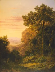 Holandés: Paisaje con ciervos al amanecer / Javanese mountain landscape with deer Paisaje con ciervos al amanecer