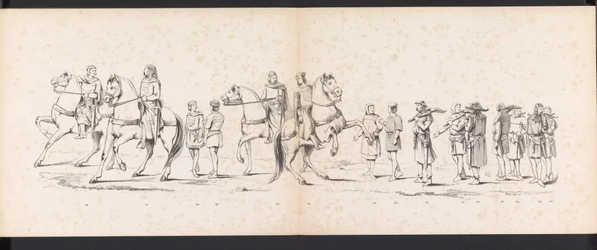 Mascarada de los estudiantes de Leiden, 1865 (lámina 10) Procesión de murgas celebrada por los miembros del cuerpo de estudiantes de Leiden el 6 de junio de 1865, en celebración del 290 aniversario de la Leidsche Hoogeschool, que representa: la entrada de 