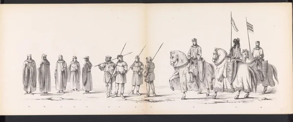 Mascarada de los estudiantes de Leiden, 1865 (lámina 3) Las murgas procesión celebrada por los miembros del cuerpo de estudiantes de Leiden el 6 de junio de 1865, en celebración del 290º aniversario de la Leidsche Hoogeschool, representando: la entrada de 