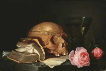 Naturaleza muerta de vanitas con una calavera, un libro y rosas, c.1630