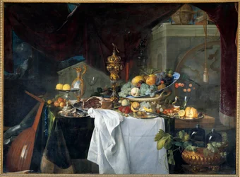 Un bodegón de postre cubierto con platos y un instrumento musical. Pintura de Jan David Heem (1606-1684) 1640