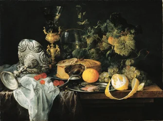 Alemán: Magnífico bodegón con frutas, pastel y copas Suntuoso bodegón con frutas, pastel y copas, 1651