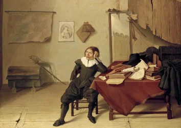 Interior de una habitación con un hombre sentado en una mesa, siglo XVII