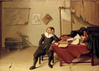 Interior de una Habitación con un Joven Sentado en una Mesa, 1628