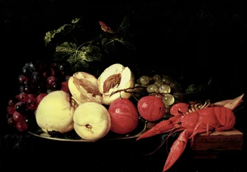 Naturaleza muerta de frutas con una langosta