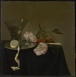 Bodegón con vaso de bebida, frutas y rosas, c.1632-34