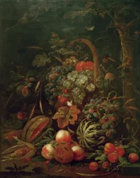 Naturaleza muerta con cesta de frutas, calabaza, melón y duraznos en un roble