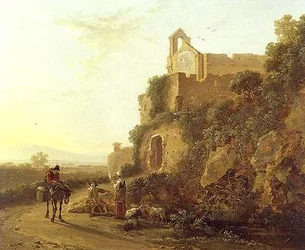Paisaje italianizante con figuras en un camino
