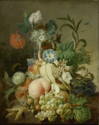 Bodegón con flores y frutas