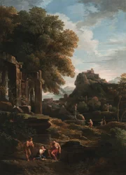 Un paisaje clásico con figuras en primer plano, ruinas a la izquierda y una figura en el centro haciendo un sacrificio