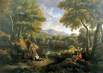 Paisaje con figuras en un pozo