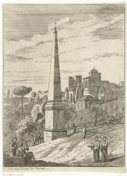 Paisaje de estilo italiano con un obelisco y una vista de la ciudad.
