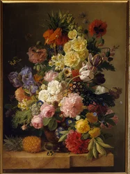 Flores en una consola de mármol con una piña. Pintura de Jan Frans van Dael, siglo XIX. Fontainebleau, Museo del Castillo