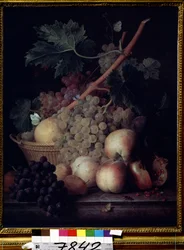 ""Frutas"" Bodegón de melocotones, uvas, peras y granadas con mariposas y una avispa. Pintura de Jean Francois van Dael (1764-1840) 1808 Museo Pushkin, Moscú