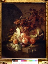Naturaleza muerta con melocotones. Pintura de Jan Frans van Son (1658-1718). Óleo sobre lienzo, 77 x 64 cm