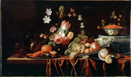 Bodegón con frutas, flores y cangrejos de río