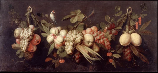 Naturaleza muerta con fruta y un pájaro