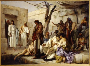El milagro en el estanque de Betesda. Situado en el camino de Beth Zeta (Israel) a Jerusalén, Jesucristo se acerca a la piscina donde se reúnen los paralíticos y cura milagrosamente a un enfermo. Pintura de Jan