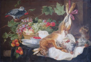 Liebre, fruta y loro