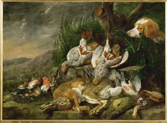 Liebres y aves observadas por un perro (pintura sobre lienzo)