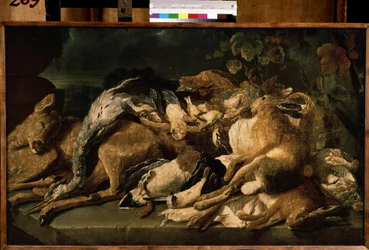 ""Naturaleza muerta con caza"" (Naturaleza muerta) Liebre, cierva, patos. Pintura de Jan (Johannes) Fyt (1611-1661) 1640 Museo Pushkin, Moscú