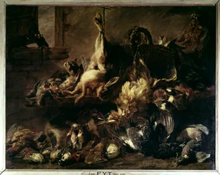 Despliegue de caza en una guardia comiendo con un gato y dos monos Pintura de Jan Fyt (1611-1661)