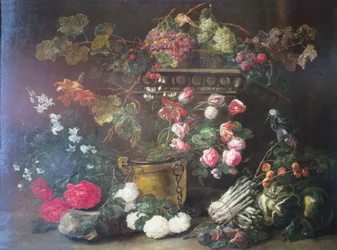 Bodegón con flores, frutas y un loro