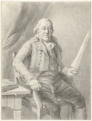 Retrato de Reinier Vinkeles I, sentado en una silla con una hoja de papel en la mano