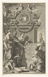 La justicia enseña las leyes de Utrecht Costumen Usantien y oficial de policía de la ciudad de Utrecht (título sobre el objeto) Página de título de Willem Van der Meulen, Costumen, usantien, policien ende style van literen, der Stadt Utrecht, 1709