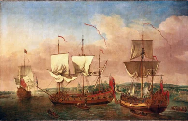 El barco "Peregrine" y otros navíos reales, cerca de Greenwich, hacia 1710. Óleo sobre lienzo, hacia 1710-1715, de Jan Griffier (1645-1718).