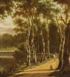 Una avenida de abedules junto a un río