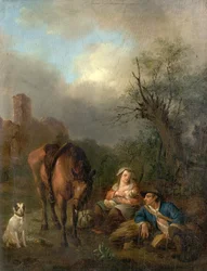 Paisaje con figuras, un caballo y un perro