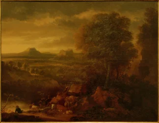 Paisaje del sur con pastores, rebaño y escena de caza