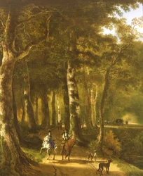 Viajeros en un sendero en un paisaje boscoso