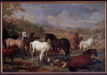 Paisajes con caballos Pintura de Jan Hamilton (siglo XVII) Dim 60x90 cm Genes, Musei di Strada Nuova (ex Palazzo Bianco)