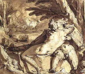 Pareja desnuda sentada, abrazándose junto a un árbol
