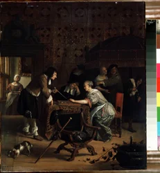 Jugadores de tric-trac. Pintura de Jan Havicksz Steen (1626-1679). Óleo sobre tabla, 45,5 x 39 cm