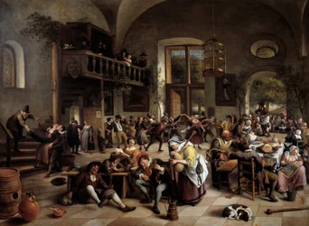 Fiesta en una posada Músicos, jugadores, hombres y mujeres bebiendo