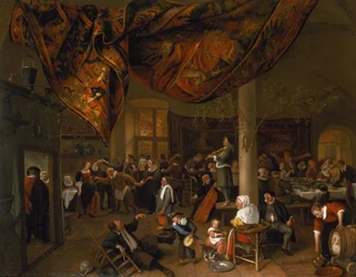 Banquete de boda aldeana con juerguistas y un grupo de baile, 1671