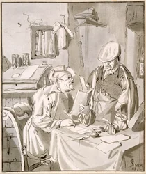 Dos hombres discutiendo dinero en una oficina, copiado por Cornelis Ploos van Amstel o Christian Josi