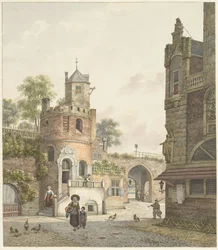Muralla con torre y puerta, vista desde el interior
