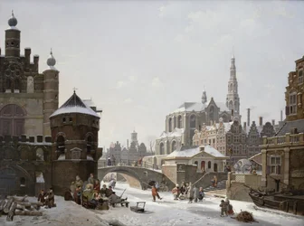 Vista caprichosa de una ciudad con figuras en un canal congelado