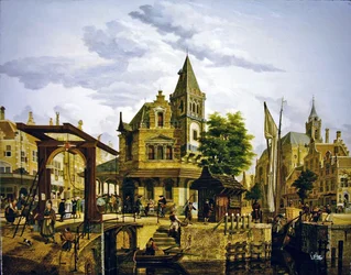Escena de una calle holandesa junto a un canal