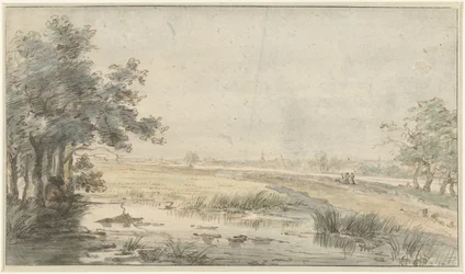 Paisaje con un pescador al borde del agua