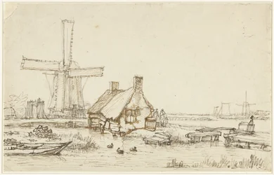 Paisaje con casas de campo y molino de viento